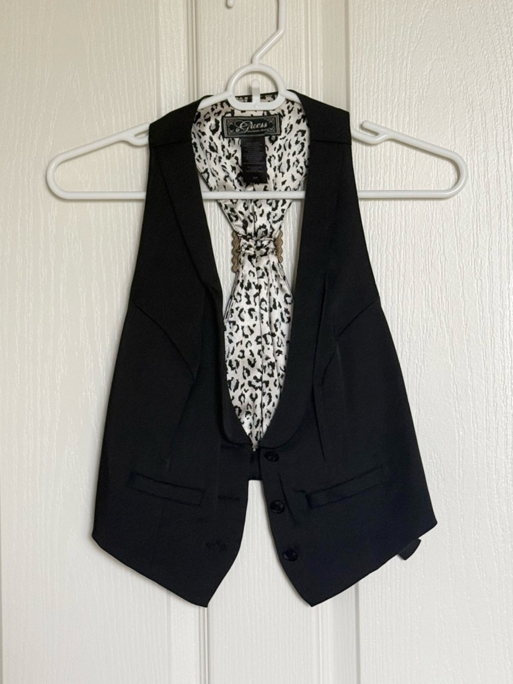 Guess: Black Tailored Vest with Leopard-Print Detail inside - Size S